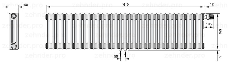 Схема (чертеж) Радиатор Zehnder Charleston 3055/35 №V008 Белый глянцевый RAL 9016